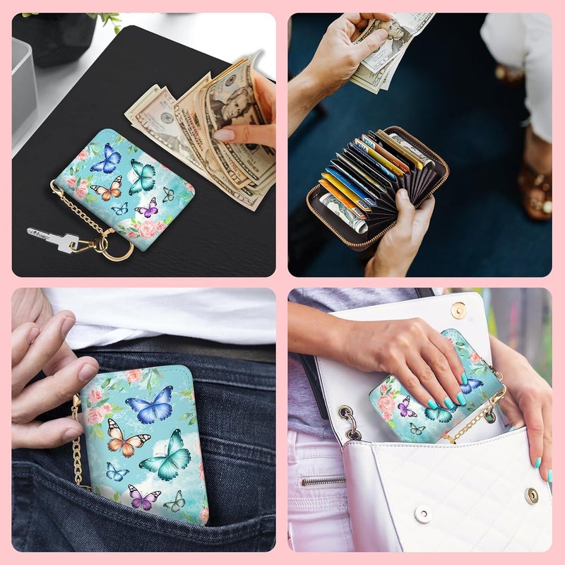 Blusabaca RFID Credit Card Holder Wallets for Women, Small Card Case Wallet with Keychain and Zipper, Butterfly Leather Card Holder Pocket Business Card Accordion Wallet - Image 3